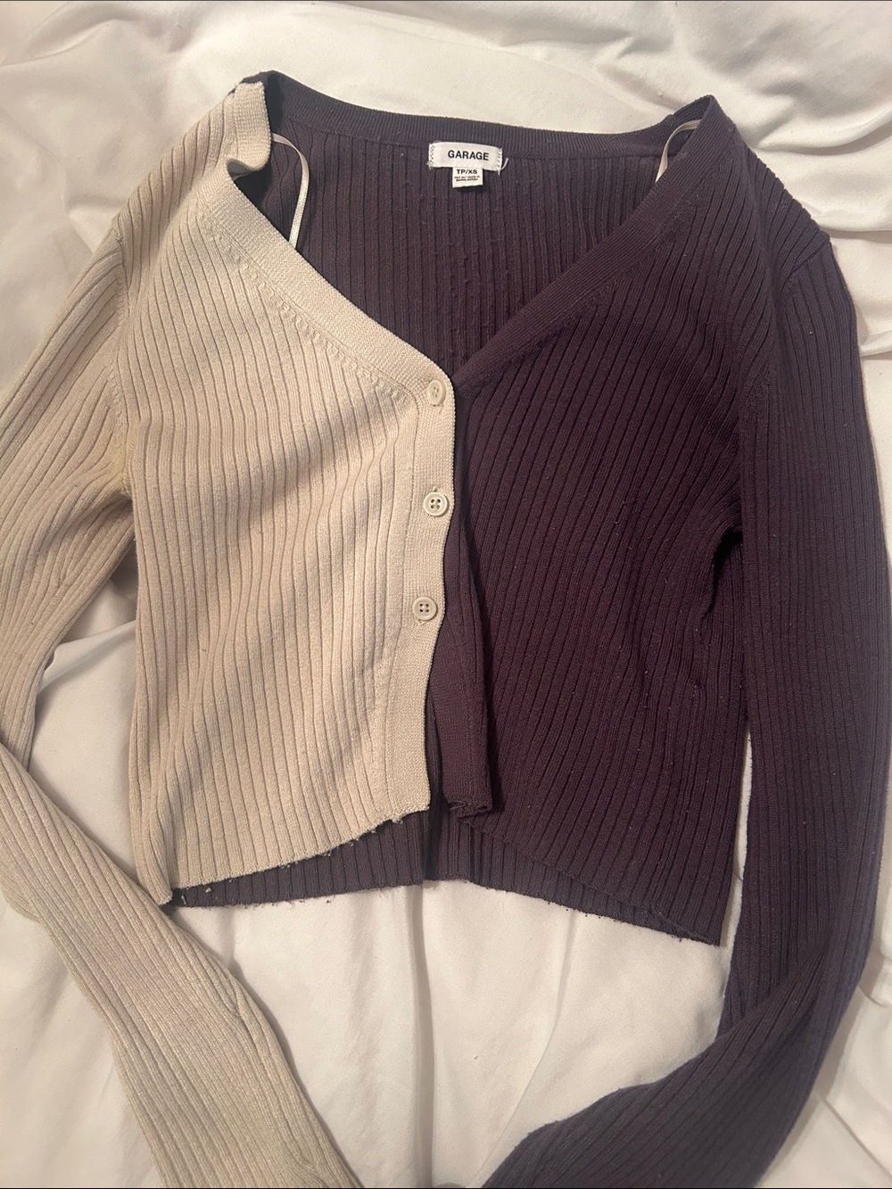 Garage Two-Tone Ribbed V-Neck Button Sweater (Cream & Dark Brown)